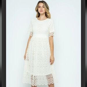 POLAGRAM CROCHET FLORAL LACE CREAM MIDI DRESS, SZ SMALL